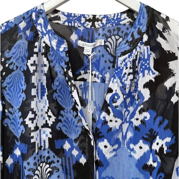 CHICO'S Trapunto Blouse Size 12 / L (Chicos 2) Blue Black Ikat Flowy Chiffon NWT - Picture 2 of 14